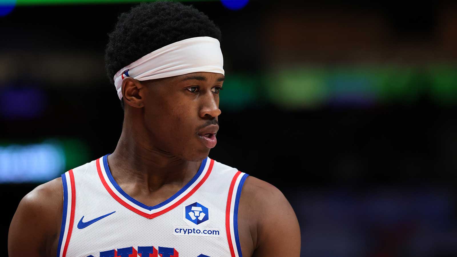 Philadelphia 76ers guard Vj Edgecombe (77) looks on against the Miami Heat during the third quarter at Kaseya Center.