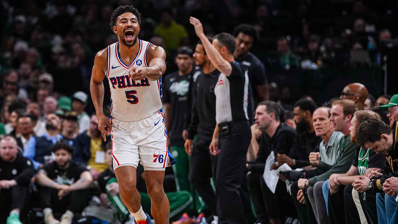 76ers guard Quentin Grimes (5) reacts after his three point basket