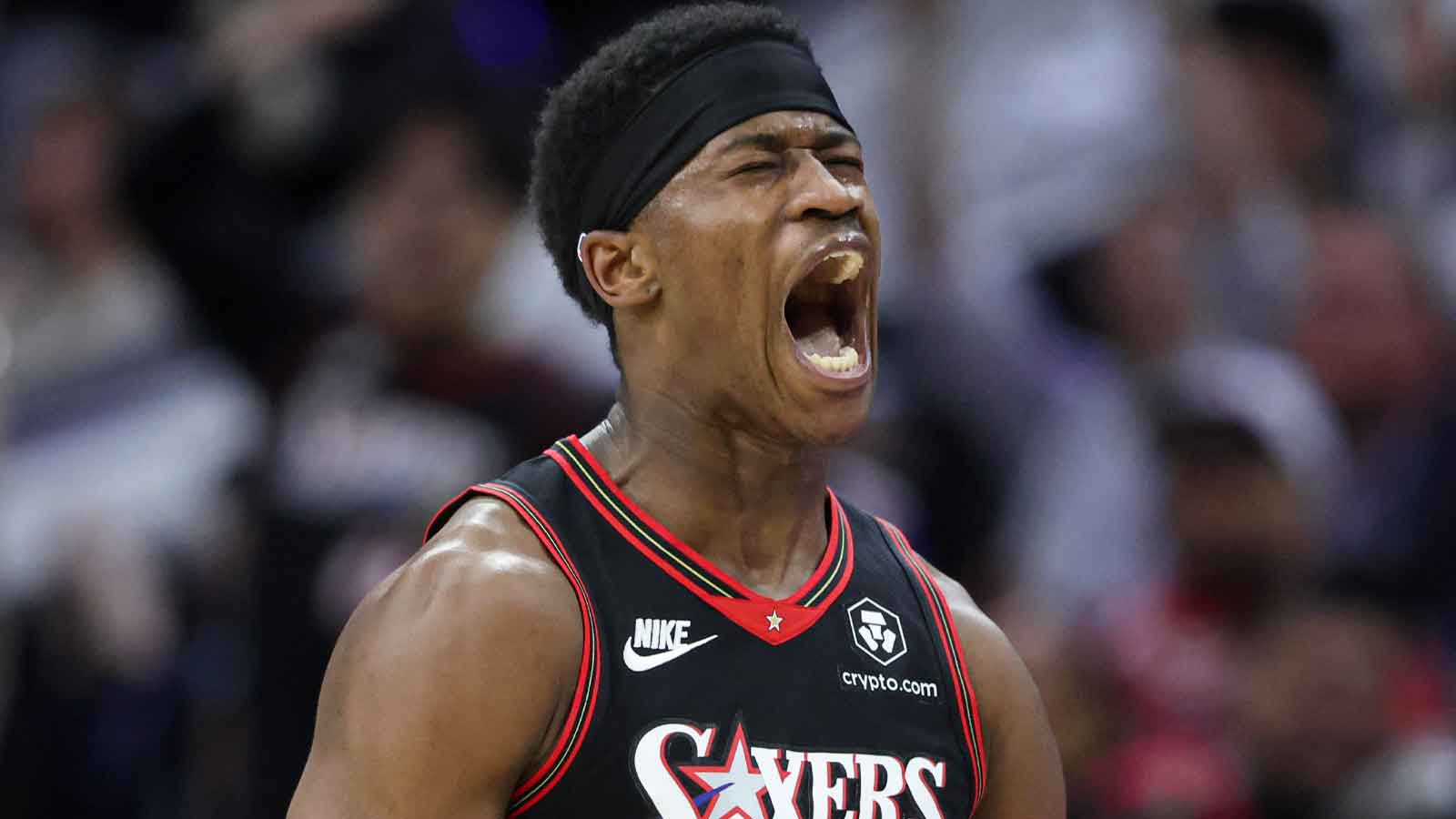 Philadelphia 76ers guard Vj Edgecombe (77) reacts after his three pointer against the Oklahoma City Thunder during the fourth quarter at Xfinity Mobile Arena.