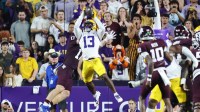 Louisiana State Tigers defensive back A.J. Haulcy (13) makes an interception against Texas A&M Aggies tight end Theo Melin ĂhrstrĂśm (17) during the first half at Tiger Stadium.