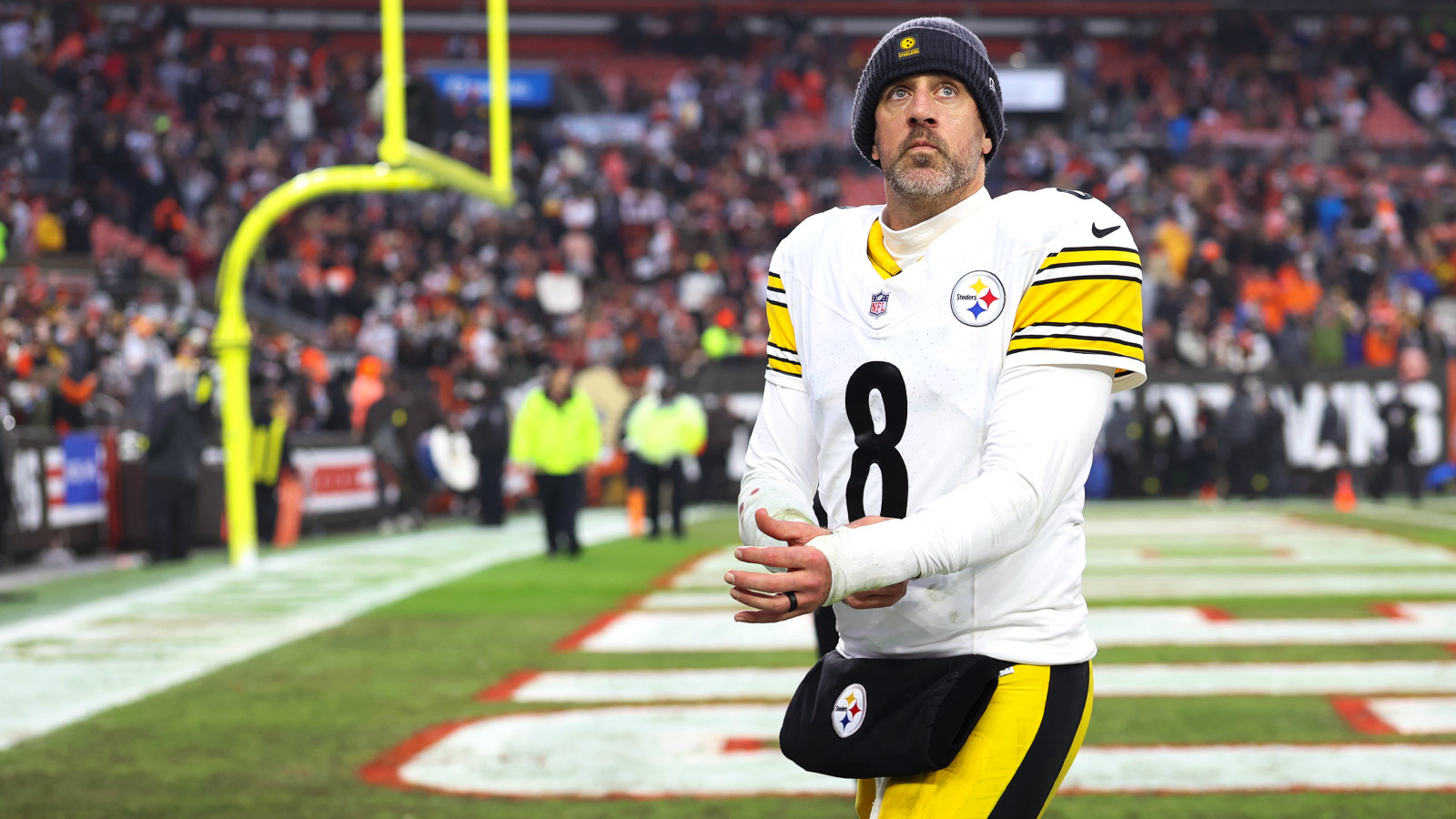 Pittsburgh Steelers quarterback Aaron Rodgers (8) looks on after the game against the Cleveland Browns at Huntington Bank Field.