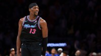 Miami Heat center Bam Adebayo (13) reacts after scoring against the Philadelphia 76ers during the fourth quarter at Kaseya Center