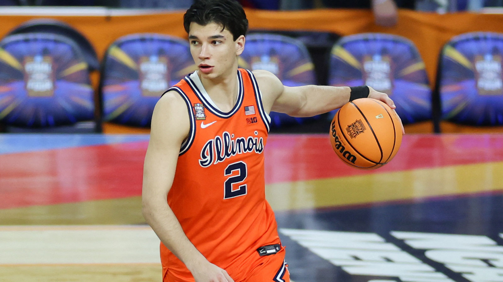 Illinois Fighting Illini guard Andrej Stojakovic (2) warms up before a semifinal of the Final Four of the men's 2026 NCAA Tournament against the UConn Huskies at Lucas Oil Stadium.