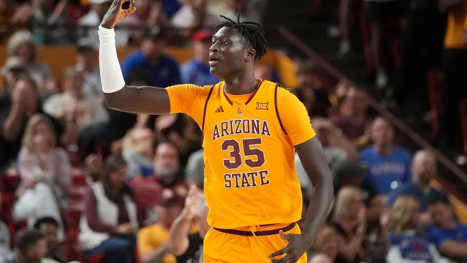 ASU Sun Devils center Massamba Diop (35) celebrates his 3-pointer against the Kansas Jayhawks at Desert Financial Arena in Tempe, on March 3, 2026.