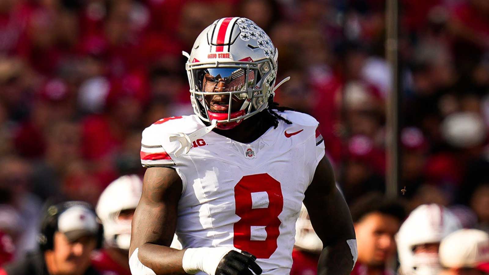 Ohio State Buckeyes linebacker Arvell Reese (8) reacts during the game against the Wisconsin Badgers at Camp Randall Stadium on Saturday, Oct. 18, 2025 in Madison, Wisconsin.