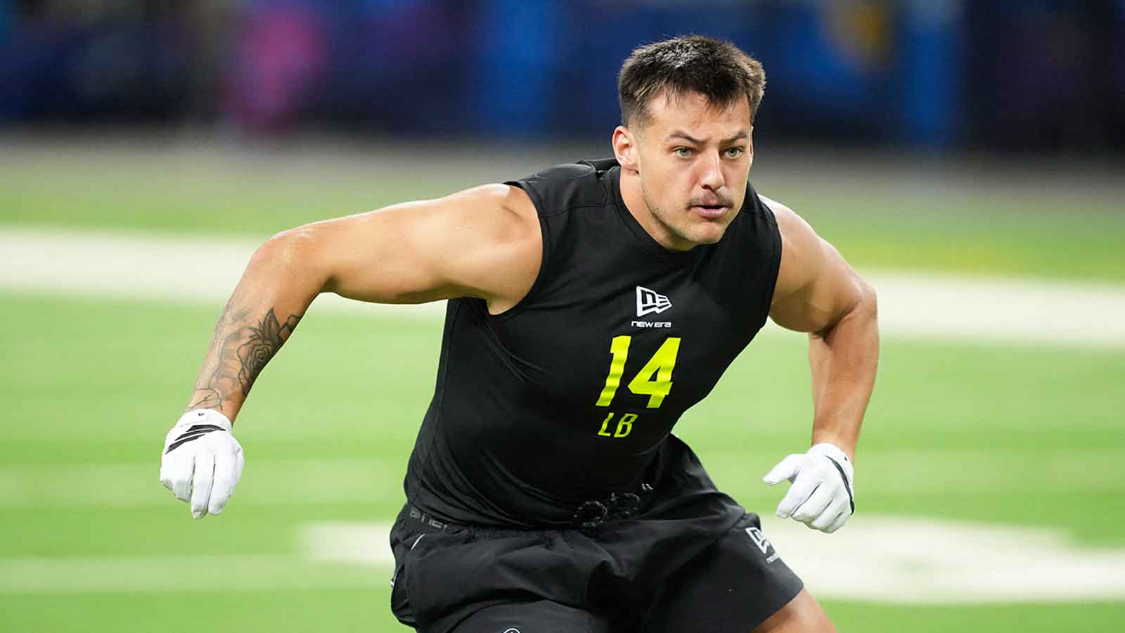 BYU linebacker Jack Kelly (LB14) during the NFL Scouting Combine at Lucas Oil Stadium.