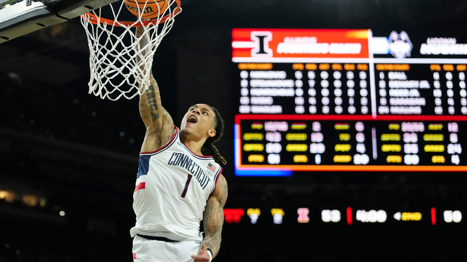 UConn basketball’s Solo Ball dealing with foot sprain, in walking boot before national title game