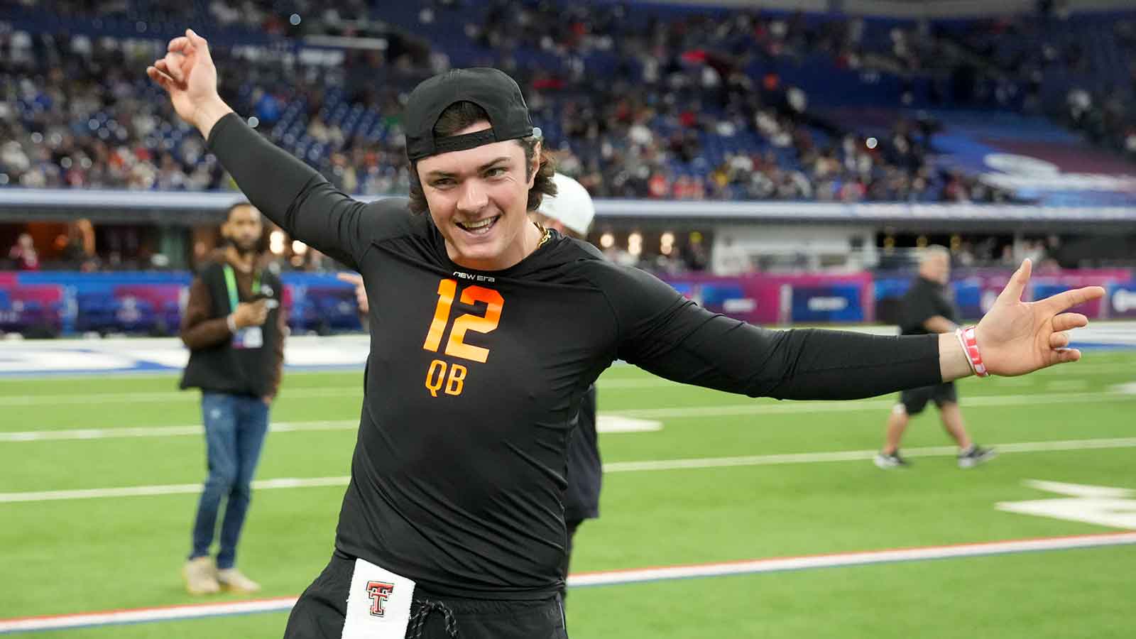 Texas Tech quarterback Behren Morton (QB12) during the NFL Scouting Combine at Lucas Oil Stadium. 