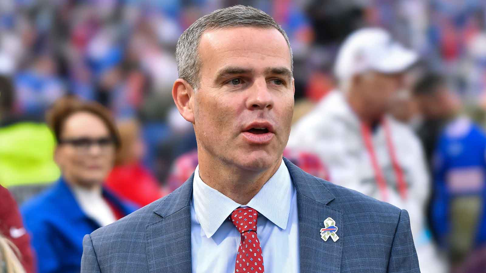 Buffalo Bills general manager Brandon Beane on the field before a game against the Kansas City Chiefs at Highmark Stadium.