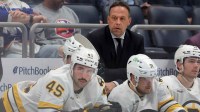 Nov 4, 2025; Elmont, New York, USA; Boston Bruins head coach Marco Sturm coaches against the New York Islanders during the second period at UBS Arena