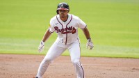 Atlanta Braves catcher Drake Baldwin (30) leads off of first base against the Athletics during the first inning at Truist Park.