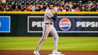Atlanta Braves first baseman Matt Olson (28) celebrates a double against the Arizona Diamondbacks during the fifth inning at Chase Field.