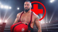 WWE star Bron Breakker, who is currently out with a hernia injury, and medical symbol.