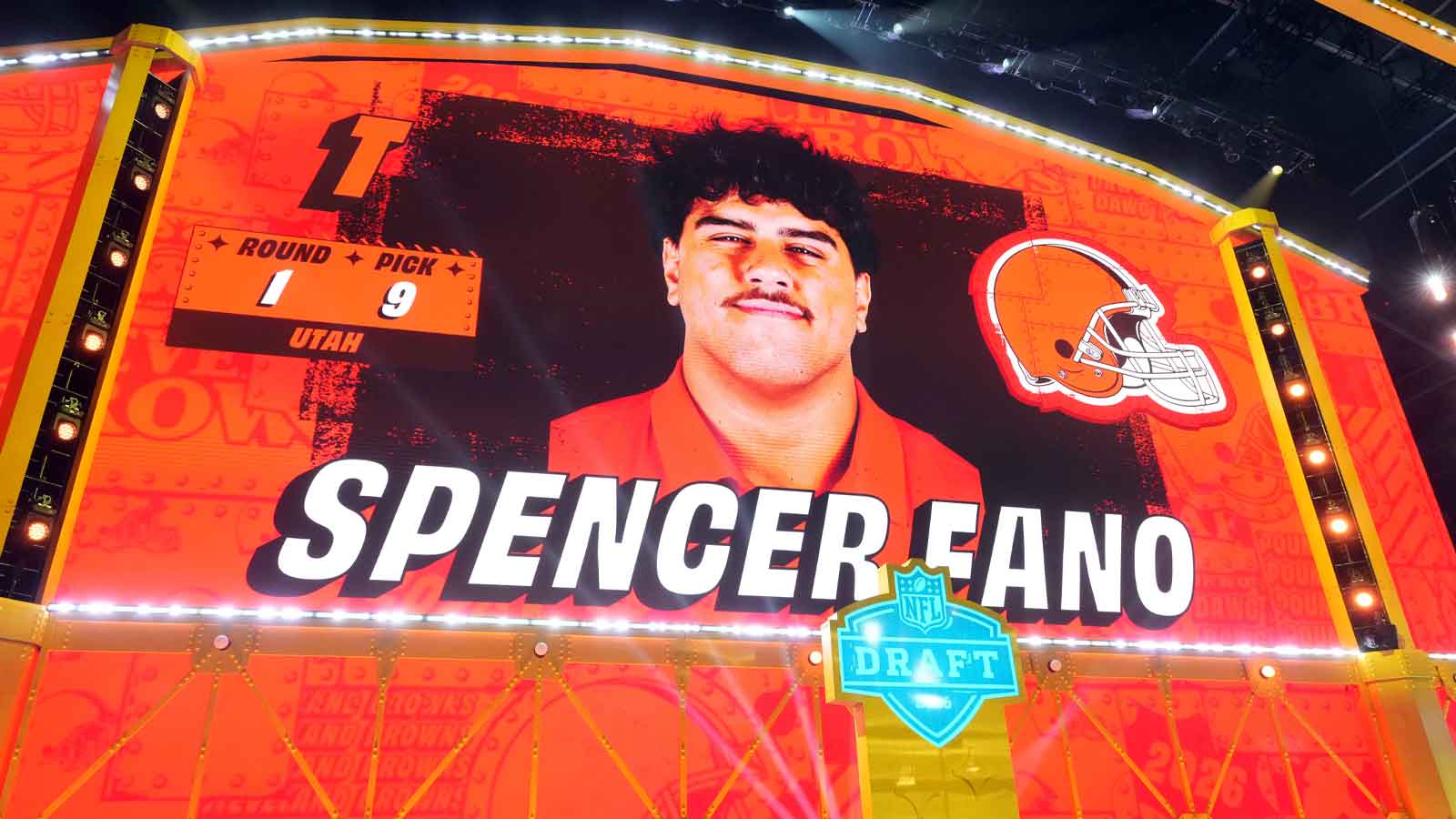 Utah Utes offensive tackle Spencer Fano is selected by the Cleveland Browns as the number nine pick during the 2026 NFL Draft at Acrisure Stadium.