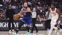 New York Knicks guard Jalen Brunson (11) dribbles the ball during the third quarter against the Houston Rockets at Toyota Center.