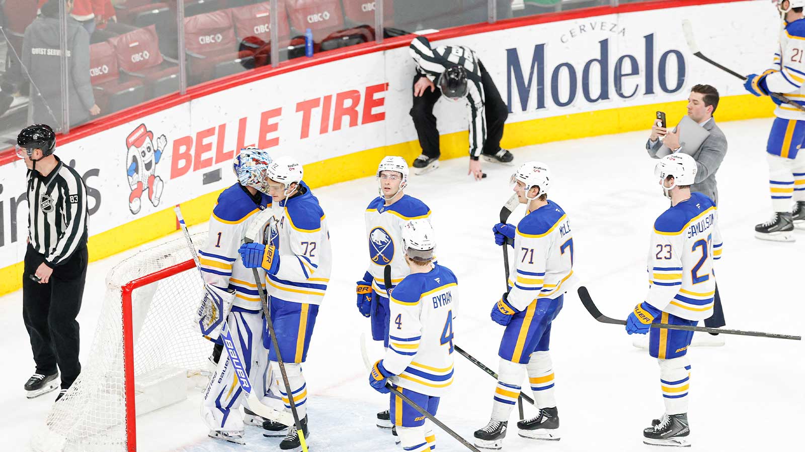 Buffalo Sabres center Tage Thompson (72) celebrates with goaltender Ukko-Pekka Luukkonen (1) after defeating the Chicago Blackhawks at United Center.