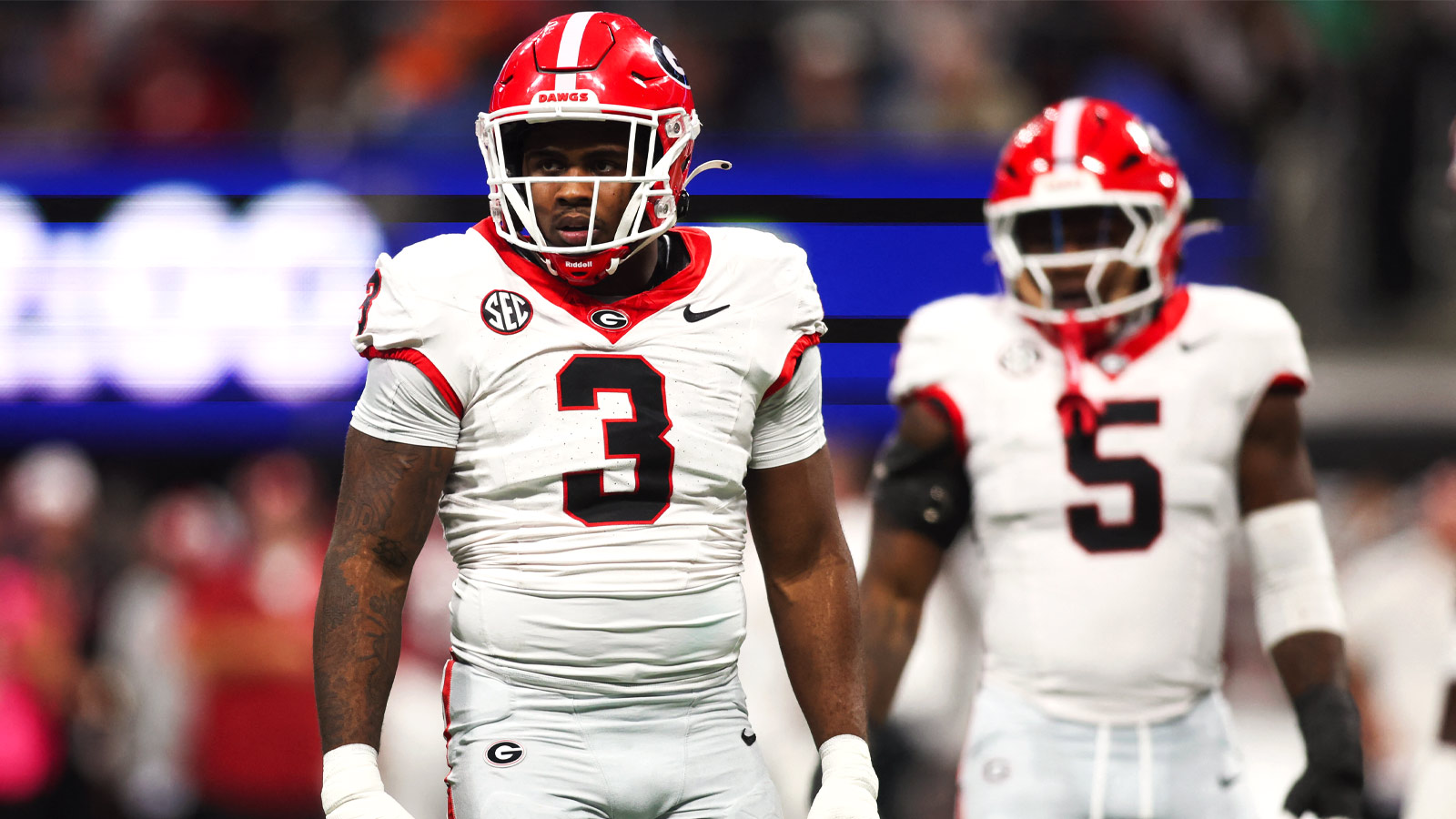 Georgia Bulldogs linebacker CJ Allen (3) looks on during the first quarter against the Alabama Crimson Tide during the 2025 SEC Championship game at Mercedes-Benz Stadium. 