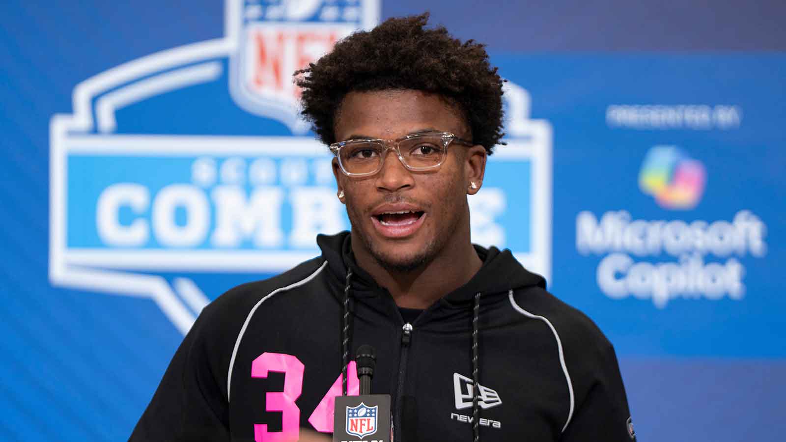 Ohio State defensive back Caleb Downs (DB34) speaks to members of the media during the NFL Combine at the Indiana Convention Center.