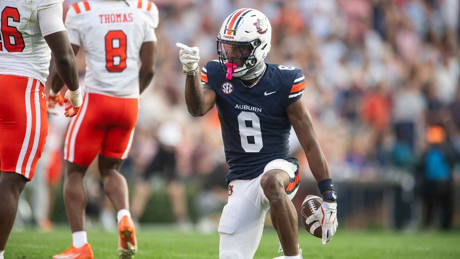 Auburn Tigers wide receiver Cam Coleman (8) celebrates a first down as Auburn Tigers take on Mercer Bears at Jordan-Hare Stadium in Auburn, Ala. on Saturday, Nov. 22, 2025. Auburn Tigers defeated the Mercer Bears 62-17.