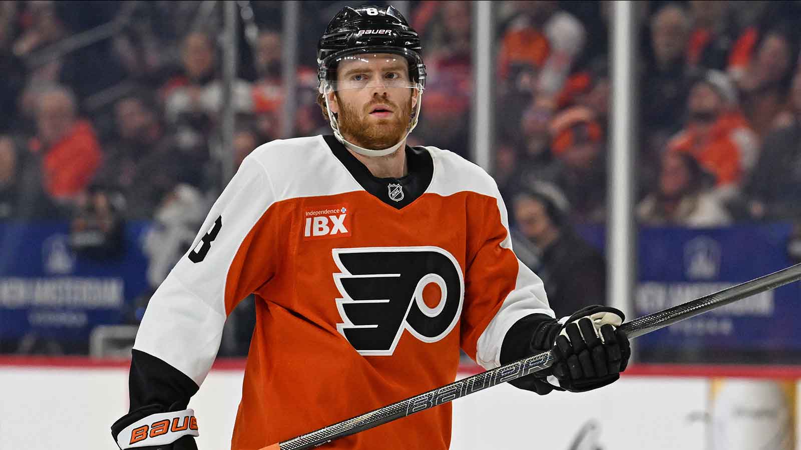 Philadelphia Flyers defenseman Cam York (8) against the Ottawa Senators during the first period at Xfinity Mobile Arena.