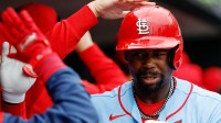 St. Louis Cardinals right fielder Jordan Walker (18) receives congratulations from teammates after he hits a grand slam in the fifth inning against the Detroit Tigers at Comerica Park.