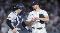 New York Yankees starting pitcher Carlos Rodon (55) leaves the game during the seventh inning against the Boston Red Sox during game two of the Wildcard round for the 2025 MLB playoffs at Yankee Stadium.