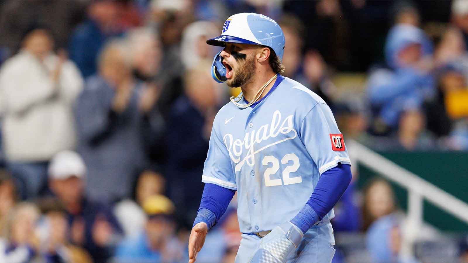 Kansas City Royals catcher Carter Jensen (22) reacts after scoring during the sixth inning against the Milwaukee Brewers at Kauffman Stadium. 