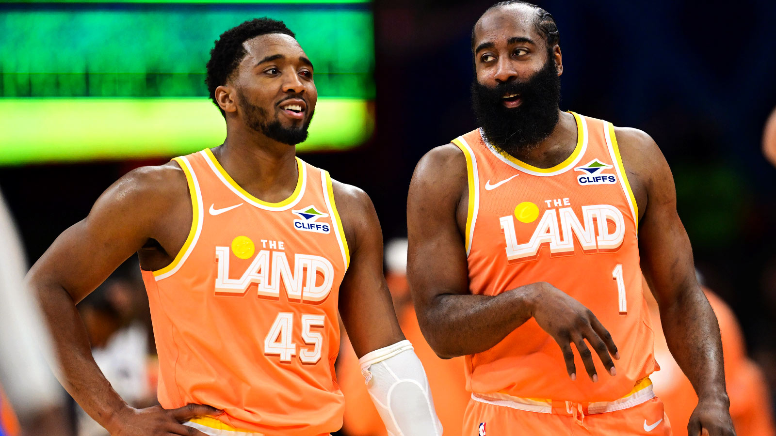 Cleveland Cavaliers guard Donovan Mitchell (45) and guard James Harden (1) talk during a free throw attempt during the second half against the Orlando Magic at Rocket Arena.