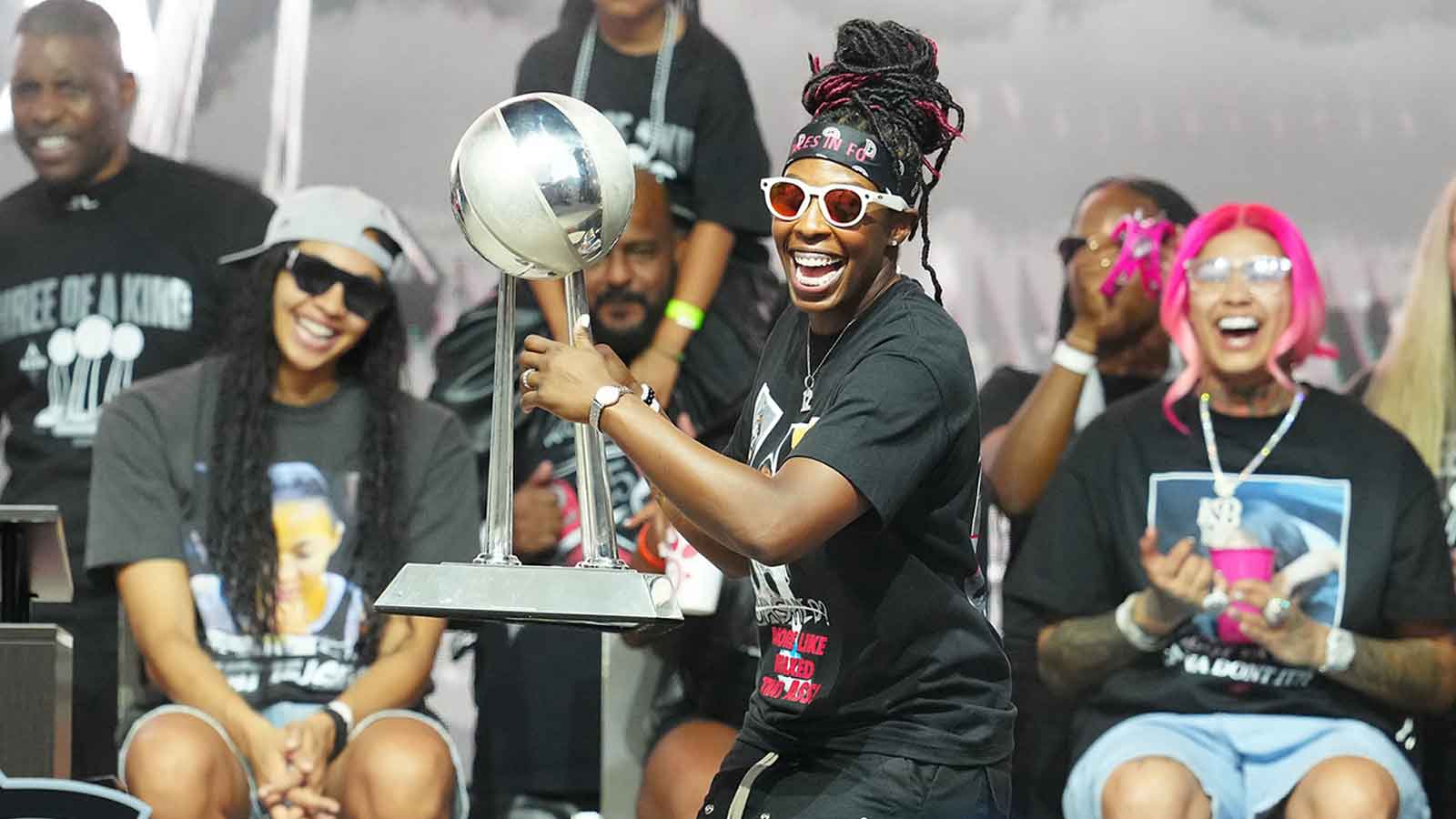 Las Vegas Aces guard Chelsea Gray (12) is introduced during the Aces 2025 WNBA Championship celebration at Toshiba Plaza.