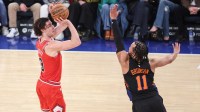 Apr 3, 2026; New York, New York, USA; Chicago Bulls guard Josh Giddey (3) takes a three-point shot past New York Knicks guard Jalen Brunson (11) in the first quarter at Madison Square Garden. Mandatory Credit: Wendell Cruz-Imagn Images