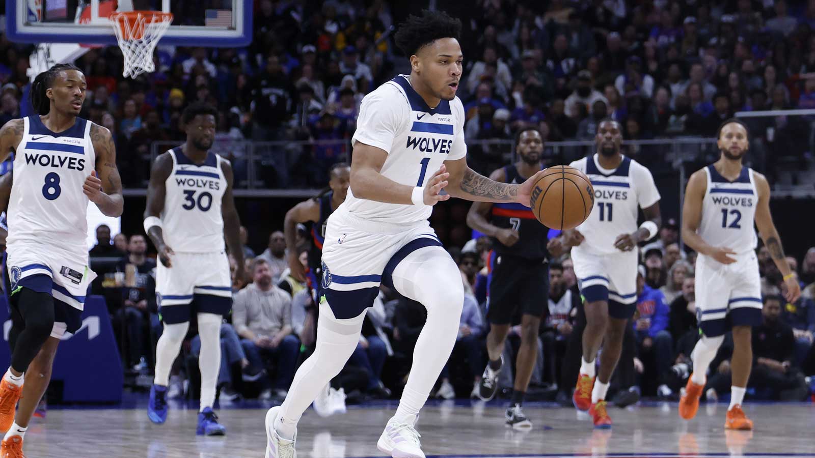 Minnesota Timberwolves guard Terrence Shannon Jr. (1) dribbles in the second half against the Detroit Pistons at Little Caesars Arena.
