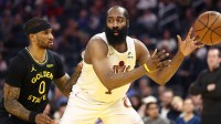 Cleveland Cavaliers guard James Harden (1) receives the inbound pass against Golden State Warriors guard Gary Payton II (0) during the second quarter at Chase Center.