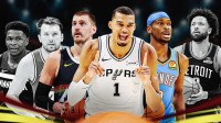 NBA MVP race with Wembanyama, Jokic, and Gilgeous-Alexander. LUka Doncic, Anthony Edwards, Cade Cunningham in black and white
