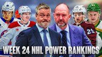 Patrick Roy and Peter DeBoer in middle, two players on either side of them: Matthew Schaefer and Cole Caufield on left, Kirill Kaprizov and Nathan MacKinnon on right, hockey rink in background, Text: Week 24 NHL Power Rankings