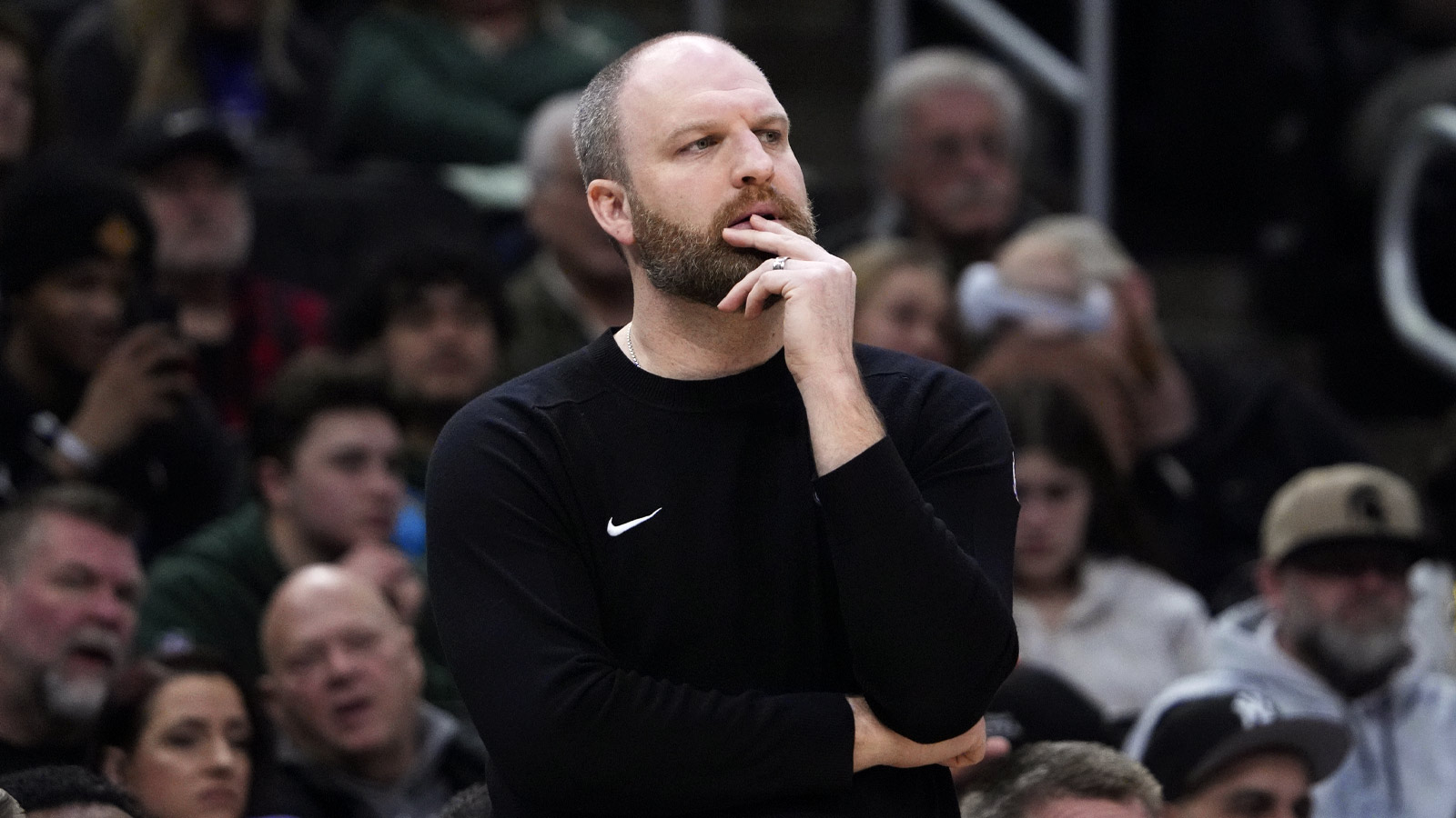 Grizzlies head coach Taylor Jenkins looks on during the first half of the Memphis Grizzlies and Milwaukee Bucks game at Fiserv Forum