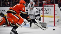 Los Angeles Kings goaltender Darcy Kuemper (35) defends the goal against Anaheim Ducks center Leo Carlsson (91) during the third period at Honda Center.