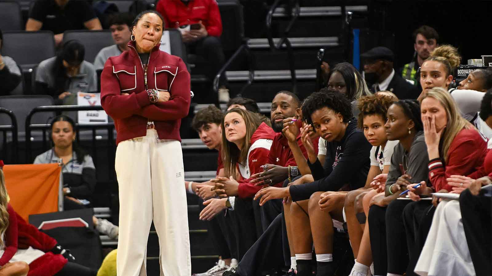 South Carolina Gamecocks head coach Dawn Staley looks on from the sideline during the game against the South Carolina Gamecocks in the Sweet Sixteen game of the Sacramento Regional 4 of the women's 2026 NCAA Tournament at Golden 1 Center.