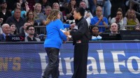UCLA Bruins head coach Cori Close and South Carolina Gamecocks head coach Dawn Staley shake hands after the National Championship game of the women's 2026 NCAA Tournament at Mortgage Matchup Center.