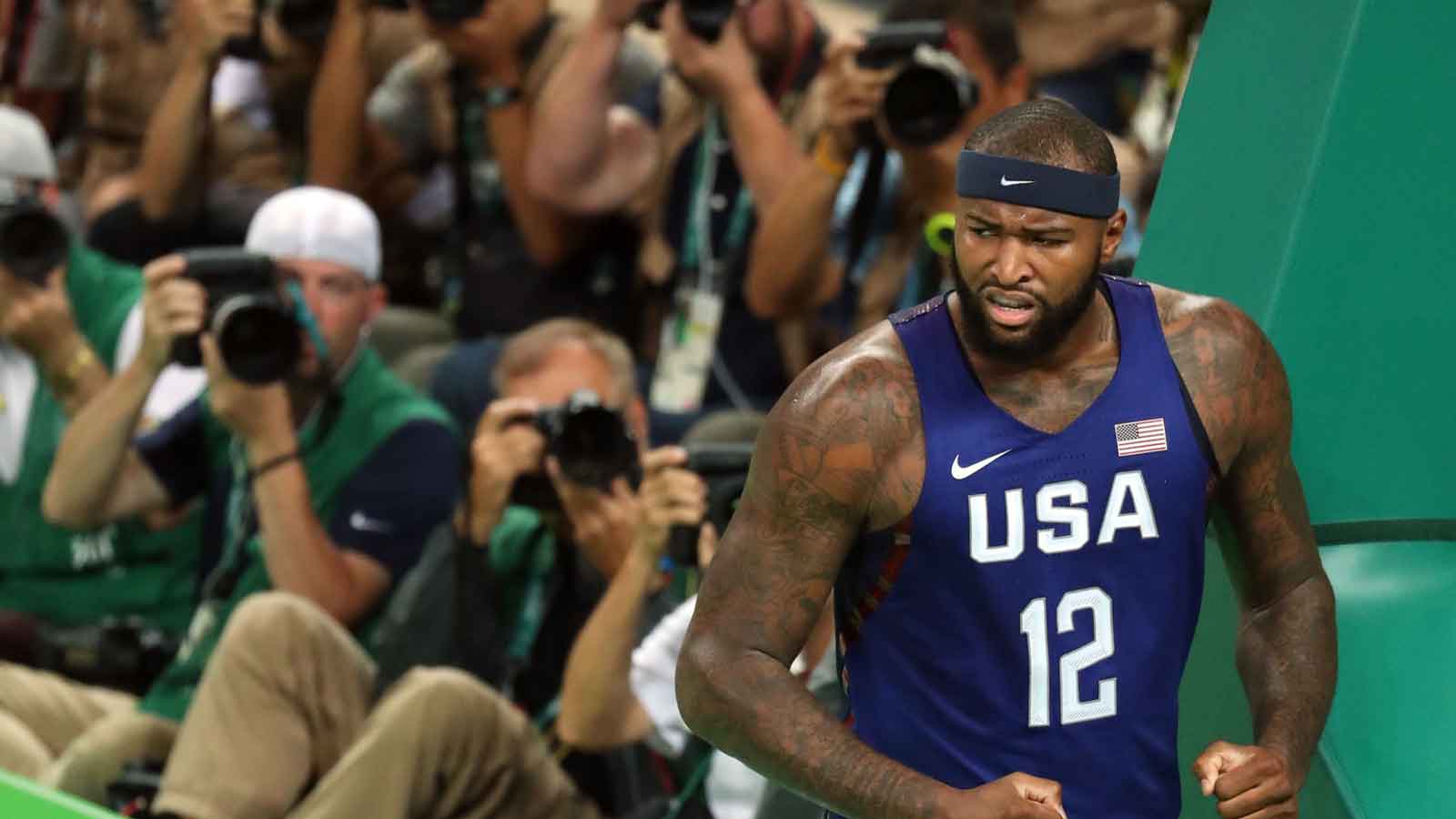 USA center Demarcus Cousins (12) reacts against Serbia during the gold medal men's basketball game during the Rio 2016 Summer Olympic Games at Carioca Arena 1
