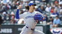 Apr 3, 2026; Chicago, Illinois, USA; Toronto Blue Jays starting pitcher Dylan Cease (84) delivers a pitch against the Chicago White Sox during the first inning at Rate Field. Mandatory Credit: Kamil Krzaczynski-Imagn Images