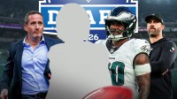 Howie Roseman, Nick Sirianni, Jihaad Campbell, and the blacked out silhouette of Jordyn Tyson in front of the 2026 NFL Draft logo.