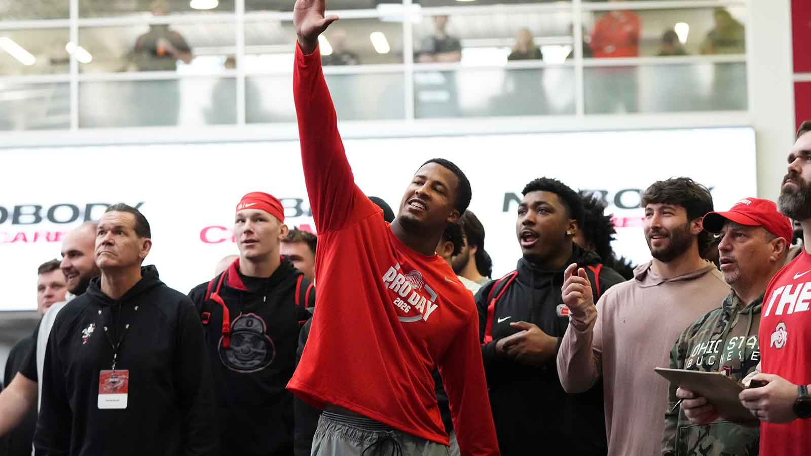 Ohio State Buckeyes linebacker Sonny Styles watches as teammates do the vertical jump test during Pro Day for NFL scouts at the Woody Hayes Athletics Center on March 25, 2026.