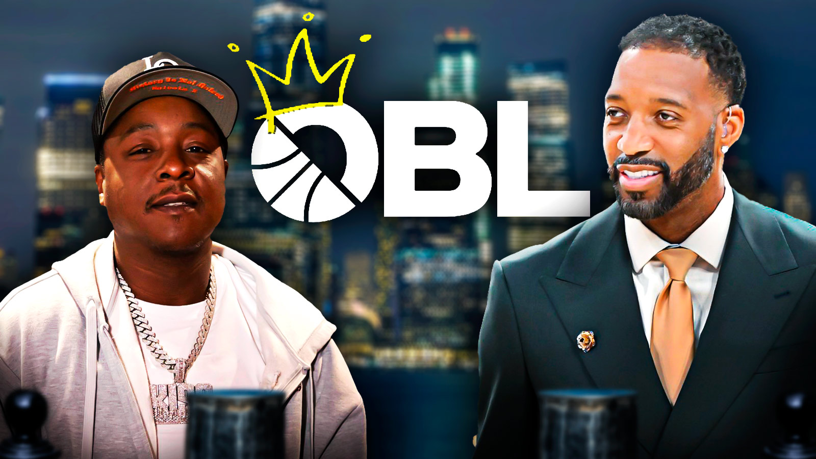 Jadakiss, OBL Hoops logo, Tracy McGrady (in a suit, not in a jersey) with New York City behind them