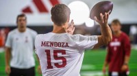 Fernando Mendoza participates in Indiana University's Pro Day at Mellencamp Pavilion.