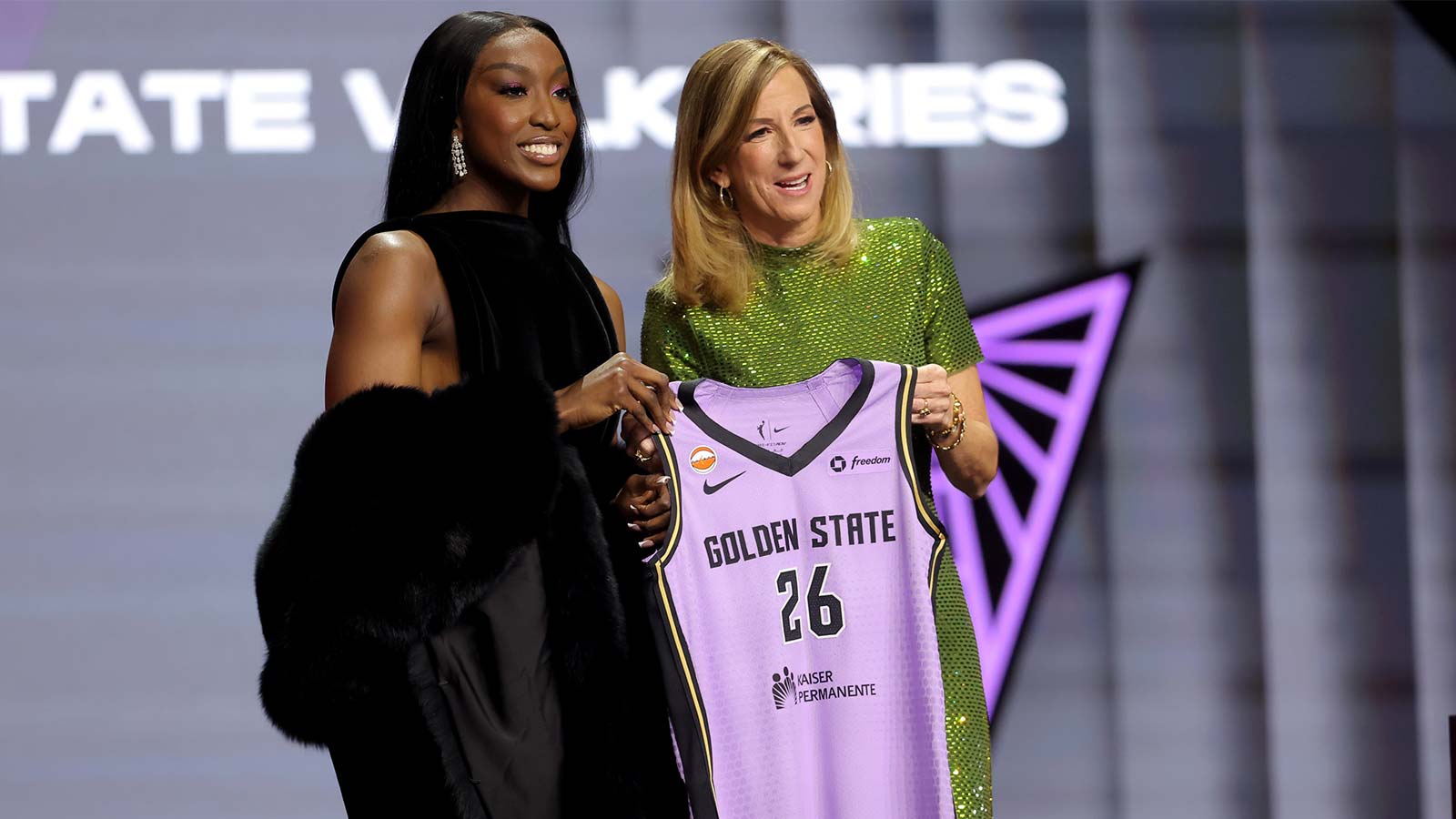 WNBA Commissioner Cathy Engelbert (right) poses for photos with Flau'Jae Johnson who was selected eighth overall by the Golden State Valkyries during the 2026 WNBA Draft at The Shed at Hudson Yards.