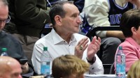 Former Duke Blue Devils and Army head coach Mike Krzyzewski watches a game between the Army Black Knights and Duke Blue Devils at Christl Arena