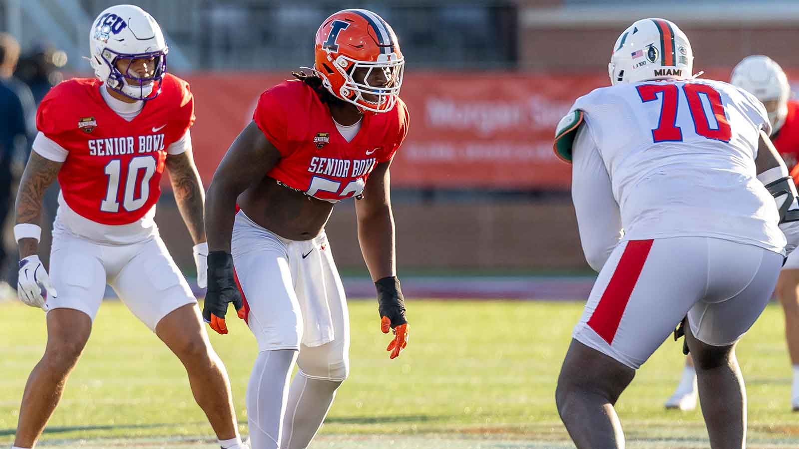 American defensive lineman Gabe Jacas (52) of Illinois lines up during American Senior Bowl practice at Hancock Whitney Stadium. 