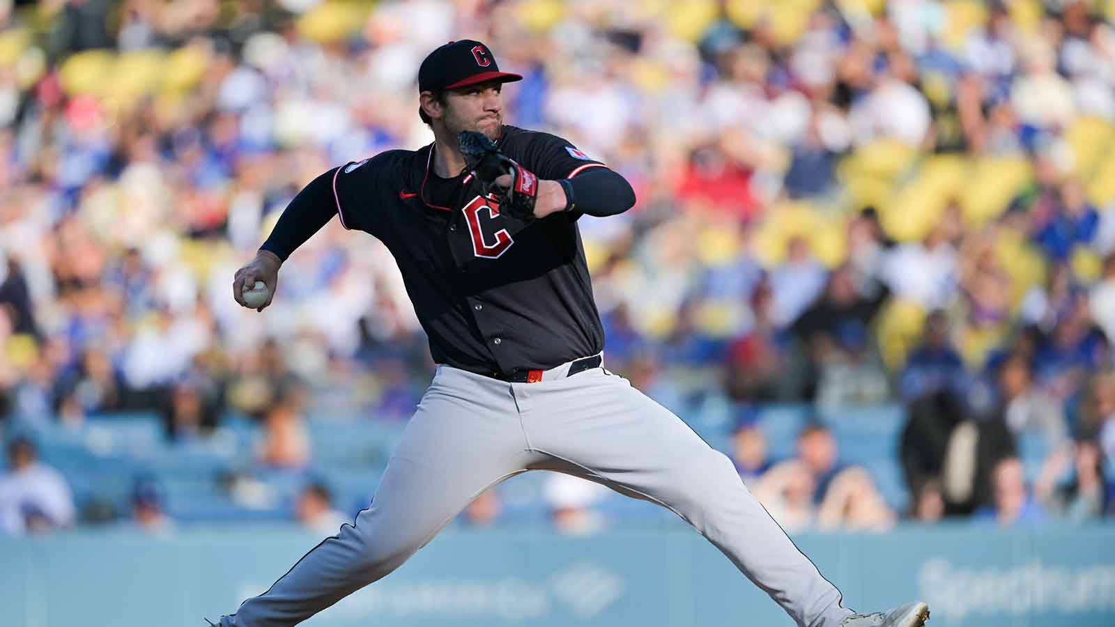 Cleveland Guardians pitcher Gavin Williams (32) pitches during the first inning against the Los Angeles Dodgers at Dodger Stadium. 