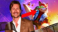 Glen Powell with an arrow pointing at Fox McCloud from The Super Mario Galaxy Movie.