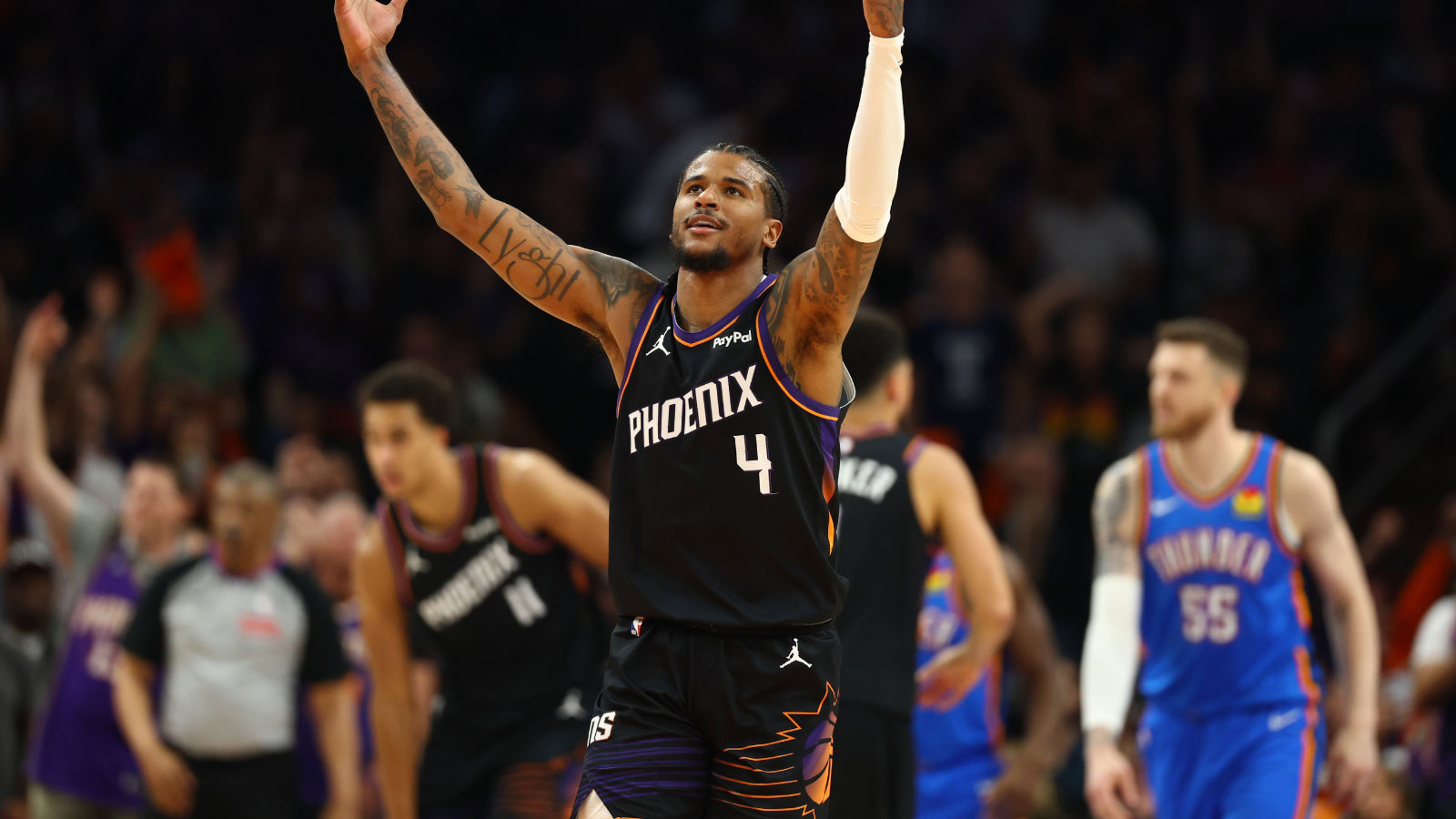 Phoenix Suns guard Jalen Green (4) reacts against the Oklahoma City Thunder in the first half during game four of the first round of the 2026 NBA Playoffs at Mortgage Matchup Center.